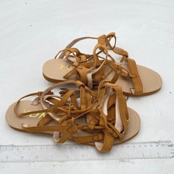 YDN Women Sexy Knee High Lace up Flats Fringe Low Heel Gladiator Strap Sandals - Picture 4 of 8